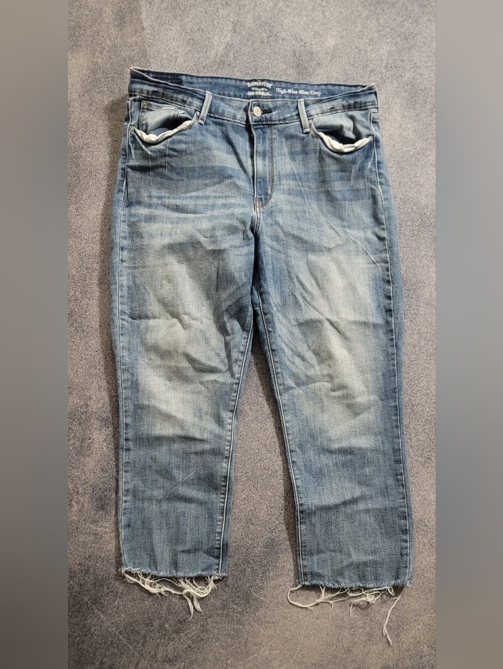 Signature Levi Strauss High Slim Crop Women Size 14 W32 Raw Denim Blue Jeans